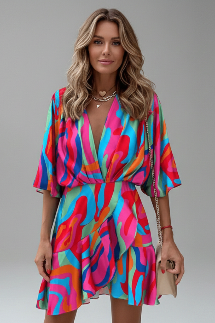 Women's Printed V-Neck Mini Dress with Batwing Sleeves & Tie Waist – Casual Summer Dress