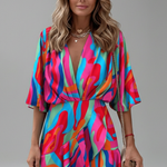 Women's Printed V-Neck Mini Dress with Batwing Sleeves & Tie Waist – Casual Summer Dress