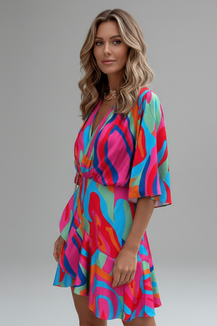Women's Printed V-Neck Mini Dress with Batwing Sleeves & Tie Waist – Casual Summer Dress