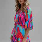 Women's Printed V-Neck Mini Dress with Batwing Sleeves & Tie Waist – Casual Summer Dress