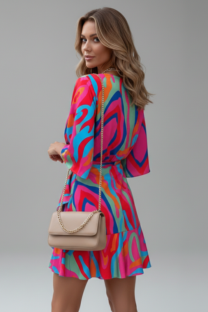 Women's Printed V-Neck Mini Dress with Batwing Sleeves & Tie Waist – Casual Summer Dress