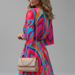 Women's Printed V-Neck Mini Dress with Batwing Sleeves & Tie Waist – Casual Summer Dress