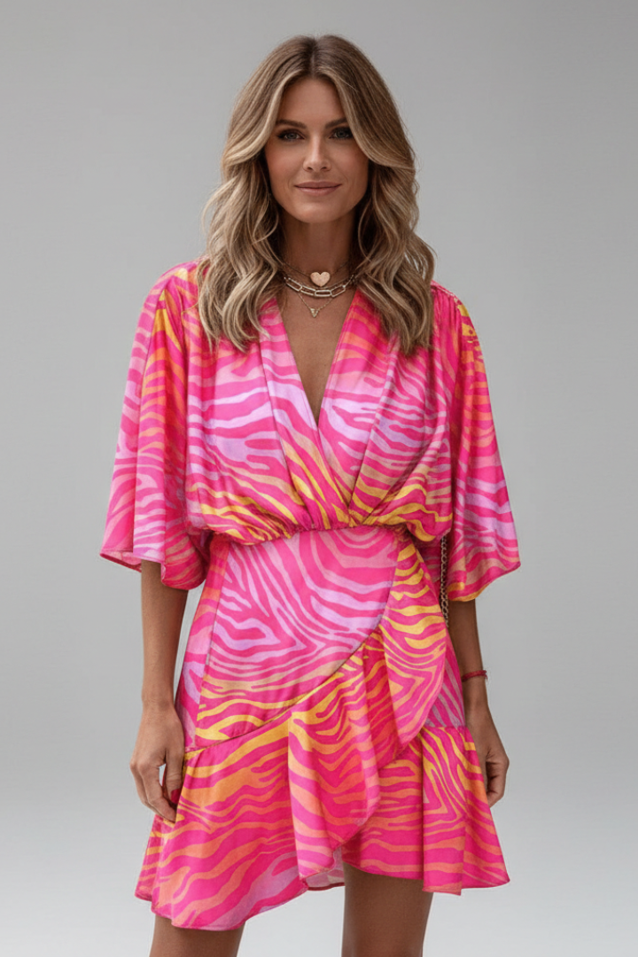 Women's Printed V-Neck Mini Dress with Batwing Sleeves & Tie Waist – Casual Summer Dress