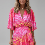 Women's Printed V-Neck Mini Dress with Batwing Sleeves & Tie Waist – Casual Summer Dress