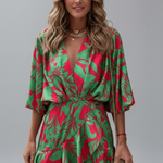 Women's Printed V-Neck Mini Dress with Batwing Sleeves & Tie Waist – Casual Summer Dress