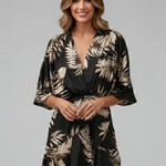 Women's Printed V-Neck Mini Dress with Batwing Sleeves & Tie Waist – Casual Summer Dress
