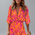 Women's Printed V-Neck Mini Dress with Batwing Sleeves & Tie Waist – Casual Summer Dress
