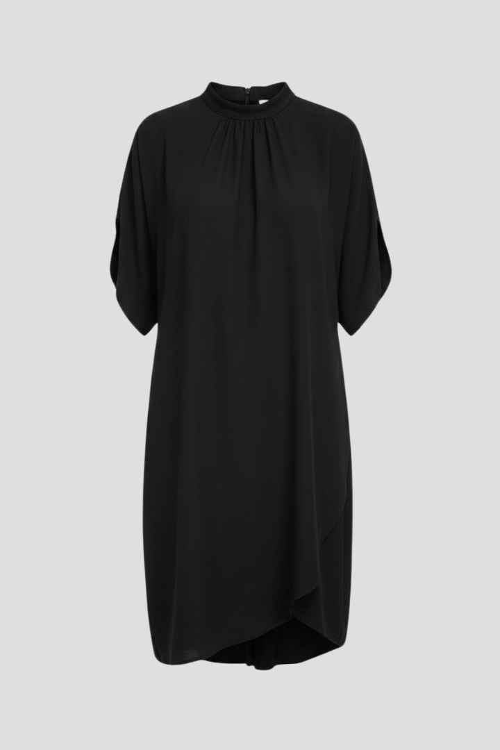 Women's Mock Neck Mini Dress with Slit Sleeves – Short Sleeve Straight Fit Dress