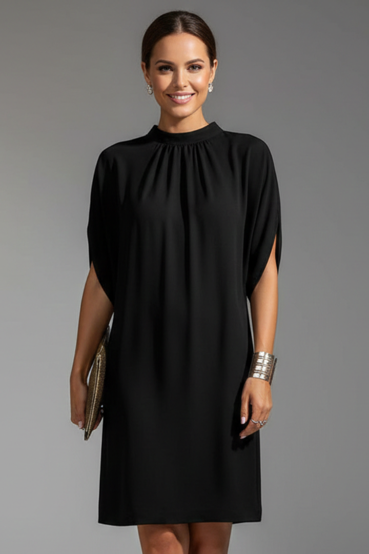 Women's Mock Neck Mini Dress with Slit Sleeves – Short Sleeve Straight Fit Dress