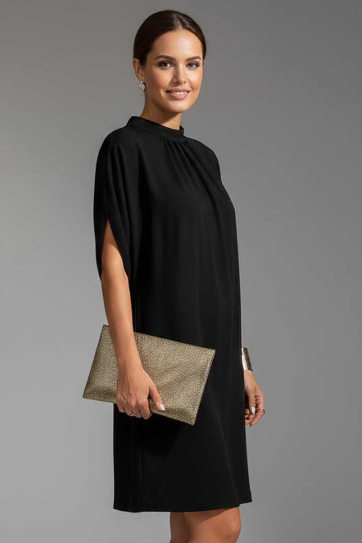 Women's Mock Neck Mini Dress with Slit Sleeves – Short Sleeve Straight Fit Dress