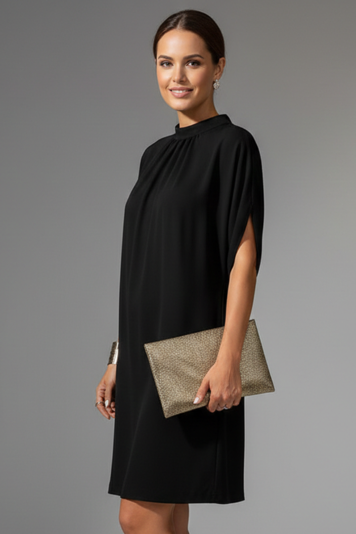 Women's Mock Neck Mini Dress with Slit Sleeves – Short Sleeve Straight Fit Dress