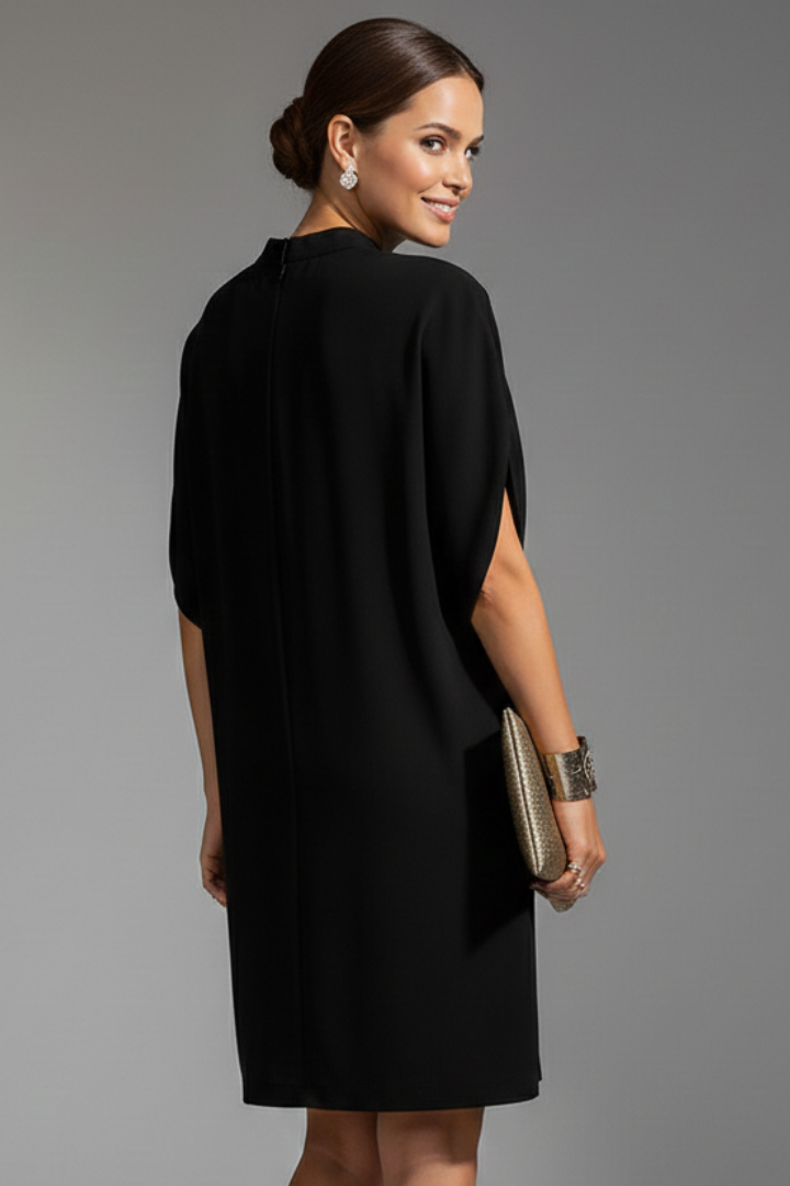 Women's Mock Neck Mini Dress with Slit Sleeves – Short Sleeve Straight Fit Dress