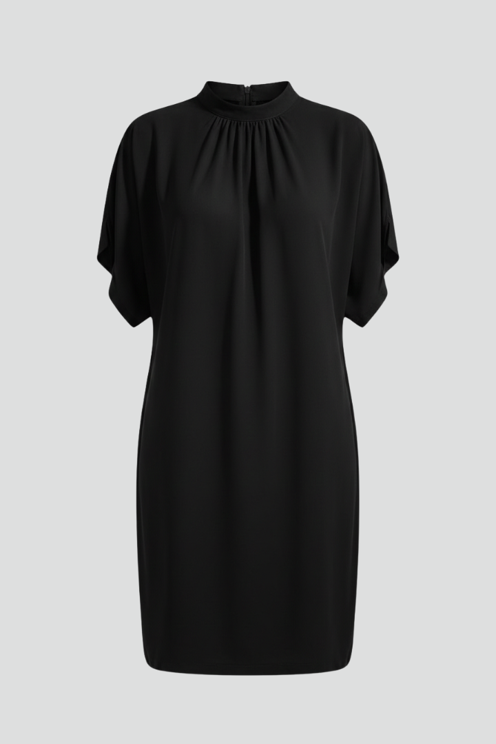 Women's Black Mock Neck Shift Mini Dress with Split Short Sleeves – Smart Casual Dress
