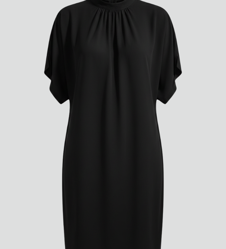 Women's Black Mock Neck Shift Mini Dress with Split Short Sleeves – Smart Casual Dress