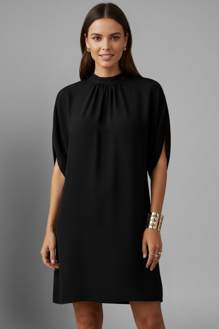 Women's Black Mock Neck Shift Mini Dress with Split Short Sleeves – Smart Casual Dress