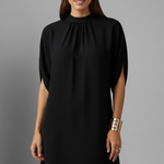 Women's Black Mock Neck Shift Mini Dress with Split Short Sleeves – Smart Casual Dress