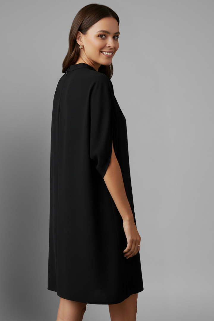 Women's Black Mock Neck Shift Mini Dress with Split Short Sleeves – Smart Casual Dress