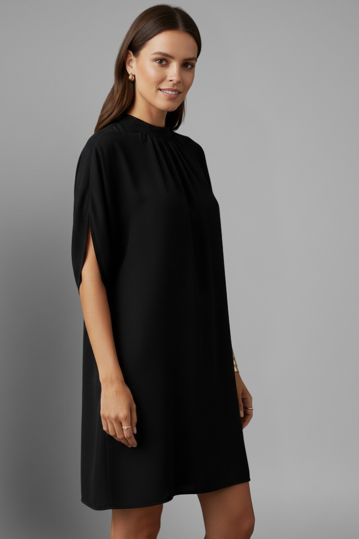 Women's Black Mock Neck Shift Mini Dress with Split Short Sleeves – Smart Casual Dress