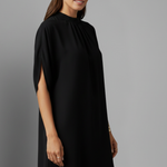 Women's Black Mock Neck Shift Mini Dress with Split Short Sleeves – Smart Casual Dress