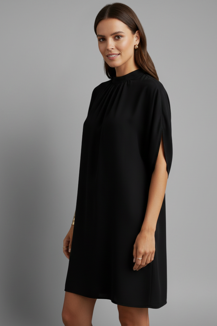 Women's Black Mock Neck Shift Mini Dress with Split Short Sleeves – Smart Casual Dress