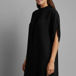 Women's Black Mock Neck Shift Mini Dress with Split Short Sleeves – Smart Casual Dress