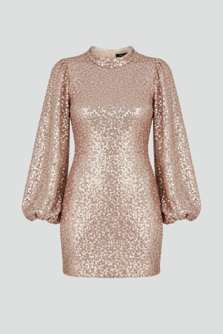 Women's Round Neck Long Sleeve Mini Dress with Textured Sleeves – Party & Evening Dress