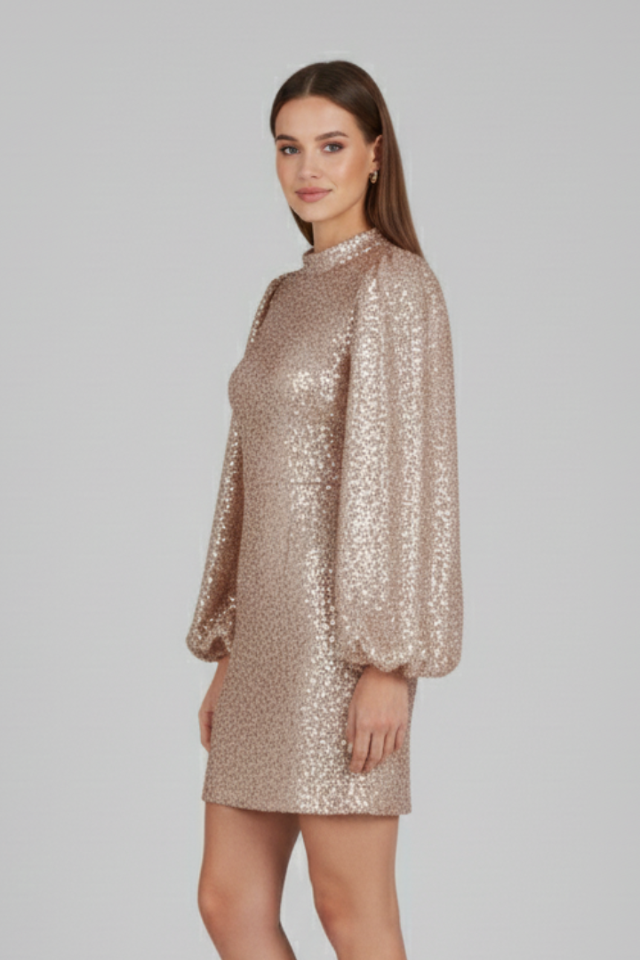 Women's Round Neck Long Sleeve Mini Dress with Textured Sleeves – Party & Evening Dress