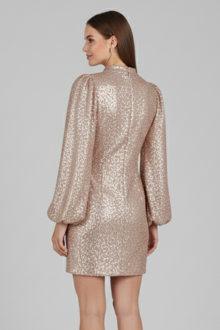 Women's Round Neck Long Sleeve Mini Dress with Textured Sleeves – Party & Evening Dress