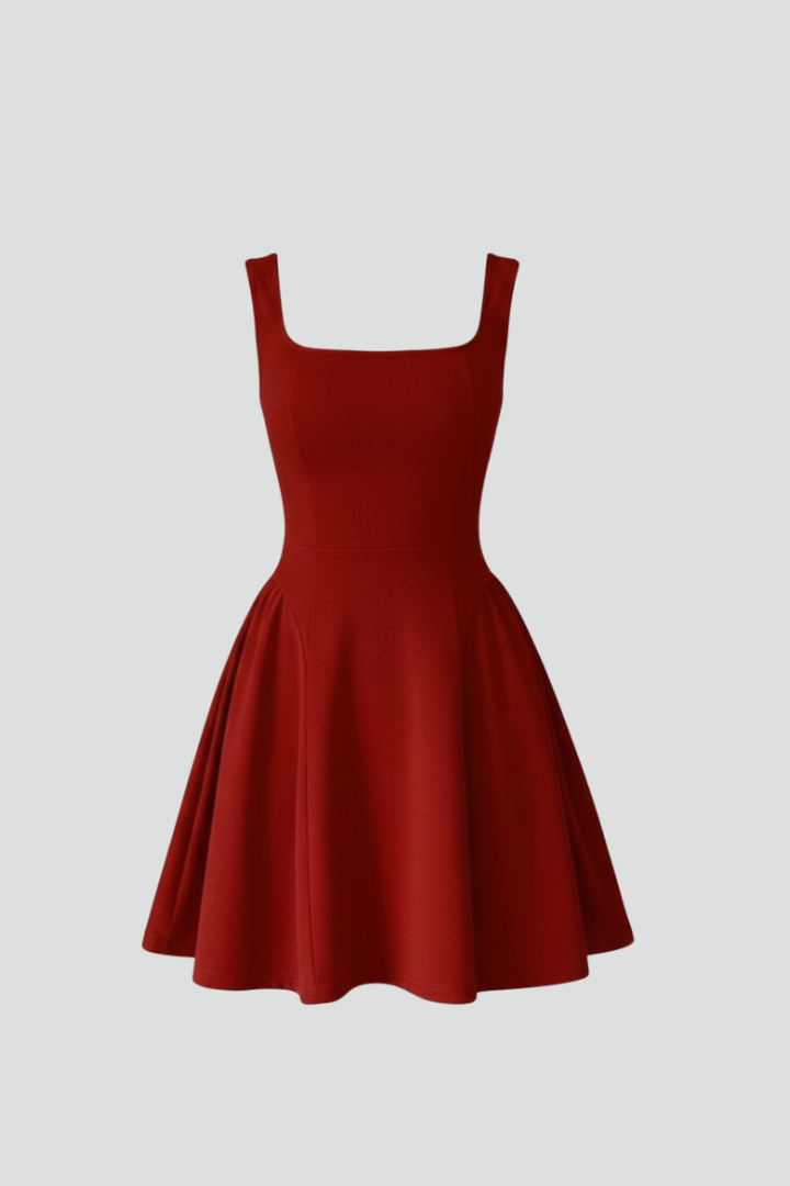 Women's Square Neck Sleeveless Mini Dress – Textured Flared Skirt Party Dress