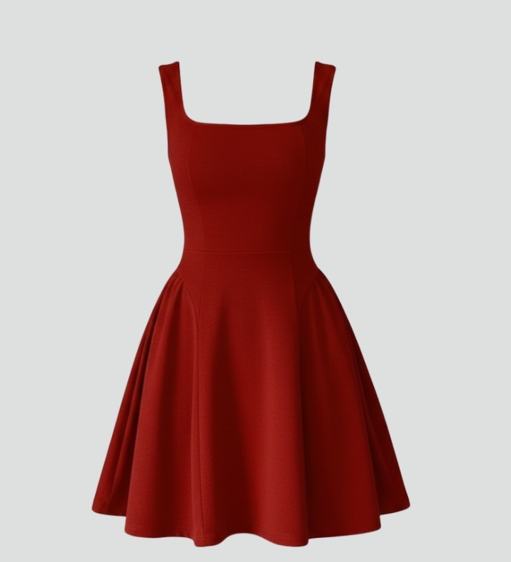 Women's Square Neck Sleeveless Mini Dress – Textured Flared Skirt Party Dress