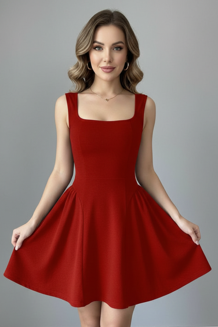 Women's Square Neck Sleeveless Mini Dress – Textured Flared Skirt Party Dress