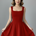 Women's Square Neck Sleeveless Mini Dress – Textured Flared Skirt Party Dress