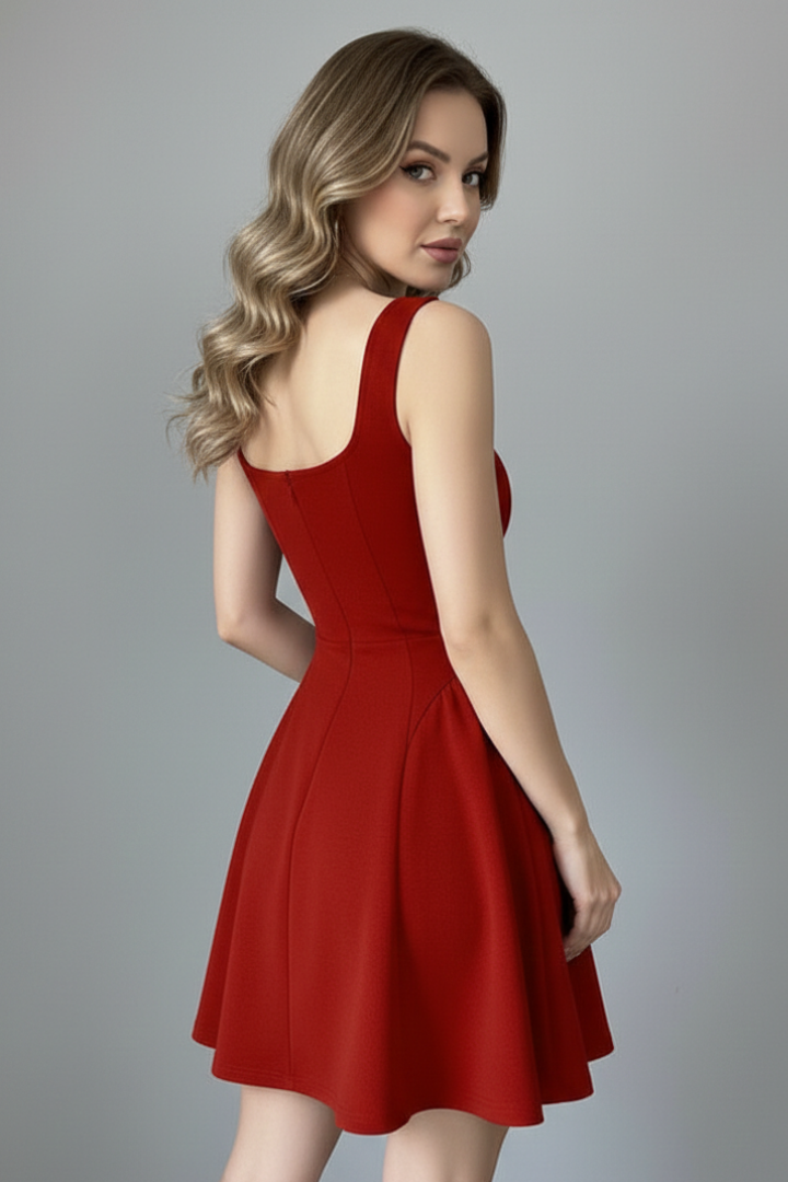 Women's Square Neck Sleeveless Mini Dress – Textured Flared Skirt Party Dress