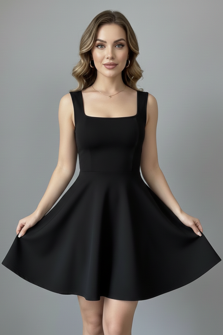 Women's Square Neck Sleeveless Mini Dress – Textured Flared Skirt Party Dress