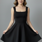 Women's Square Neck Sleeveless Mini Dress – Textured Flared Skirt Party Dress