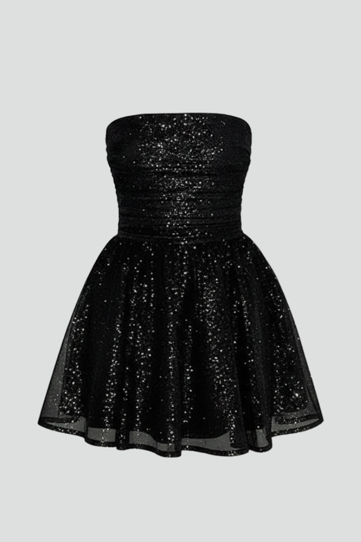 Women's Strapless Mini Dress with Fitted Embellished Bodice & Wrap Skirt – Party Dress