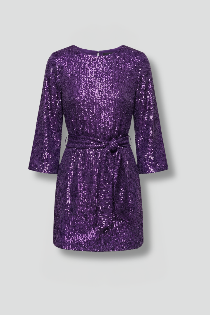 Women's Sequin Mini Dress with Tie Waist & Long Sleeves – Round Neck Party & Evening Dress
