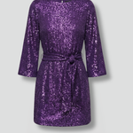 Women's Sequin Mini Dress with Tie Waist & Long Sleeves – Round Neck Party & Evening Dress