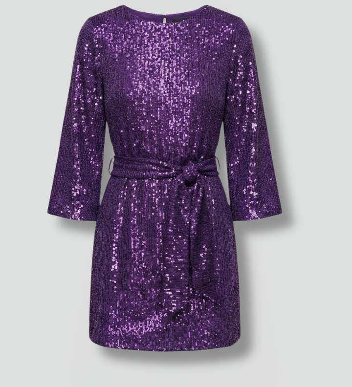 Women's Sequin Mini Dress with Tie Waist & Long Sleeves – Round Neck Party & Evening Dress