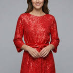 Women's Sequin Mini Dress with Tie Waist & Long Sleeves – Round Neck Party & Evening Dress