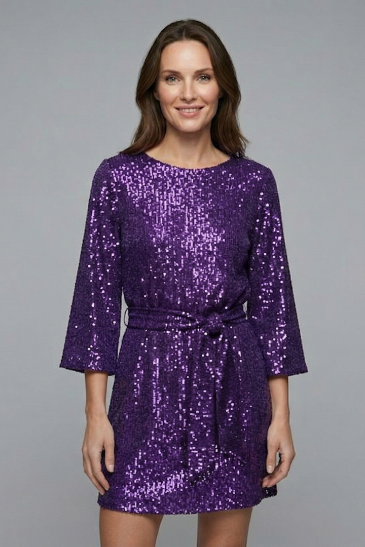 Women's Sequin Mini Dress with Tie Waist & Long Sleeves – Round Neck Party & Evening Dress