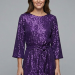 Women's Sequin Mini Dress with Tie Waist & Long Sleeves – Round Neck Party & Evening Dress