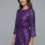 Women's Sequin Mini Dress with Tie Waist & Long Sleeves – Round Neck Party & Evening Dress