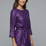 Women's Sequin Mini Dress with Tie Waist & Long Sleeves – Round Neck Party & Evening Dress