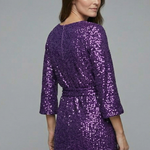 Women's Sequin Mini Dress with Tie Waist & Long Sleeves – Round Neck Party & Evening Dress