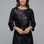 Women's Sequin Mini Dress with Tie Waist & Long Sleeves – Round Neck Party & Evening Dress