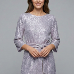 Women's Sequin Mini Dress with Tie Waist & Long Sleeves – Round Neck Party & Evening Dress