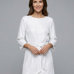 Women's Sequin Mini Dress with Tie Waist & Long Sleeves – Round Neck Party & Evening Dress