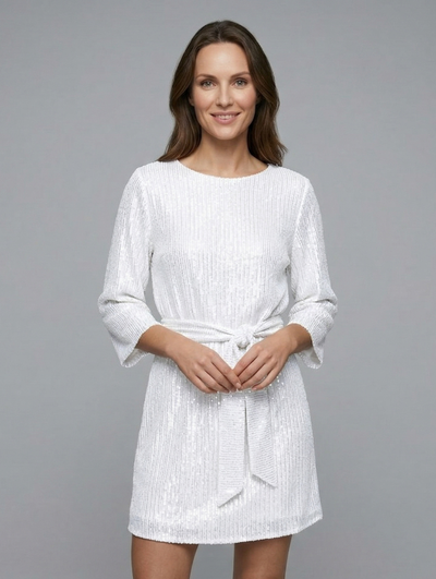 Women's Sequin Mini Dress with Tie Waist & Long Sleeves – Round Neck Party & Evening Dress