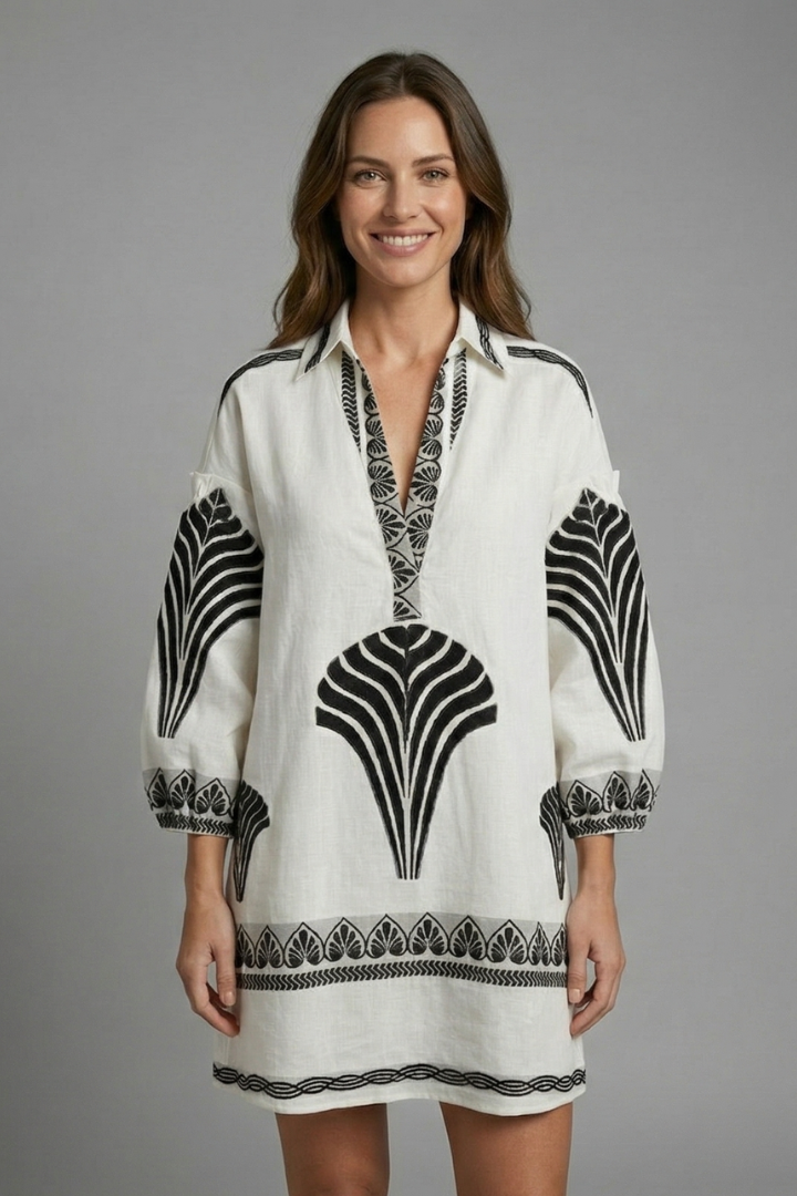 Women's Leaf Print V-Neck Mini Dress with Long Sleeves – Relaxed Casual Dress for Spring Days
